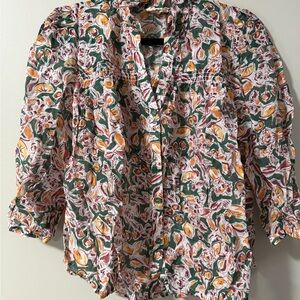 The Korner (Anthropology) Floral Button-Up Blouse in White with Green & yellow.